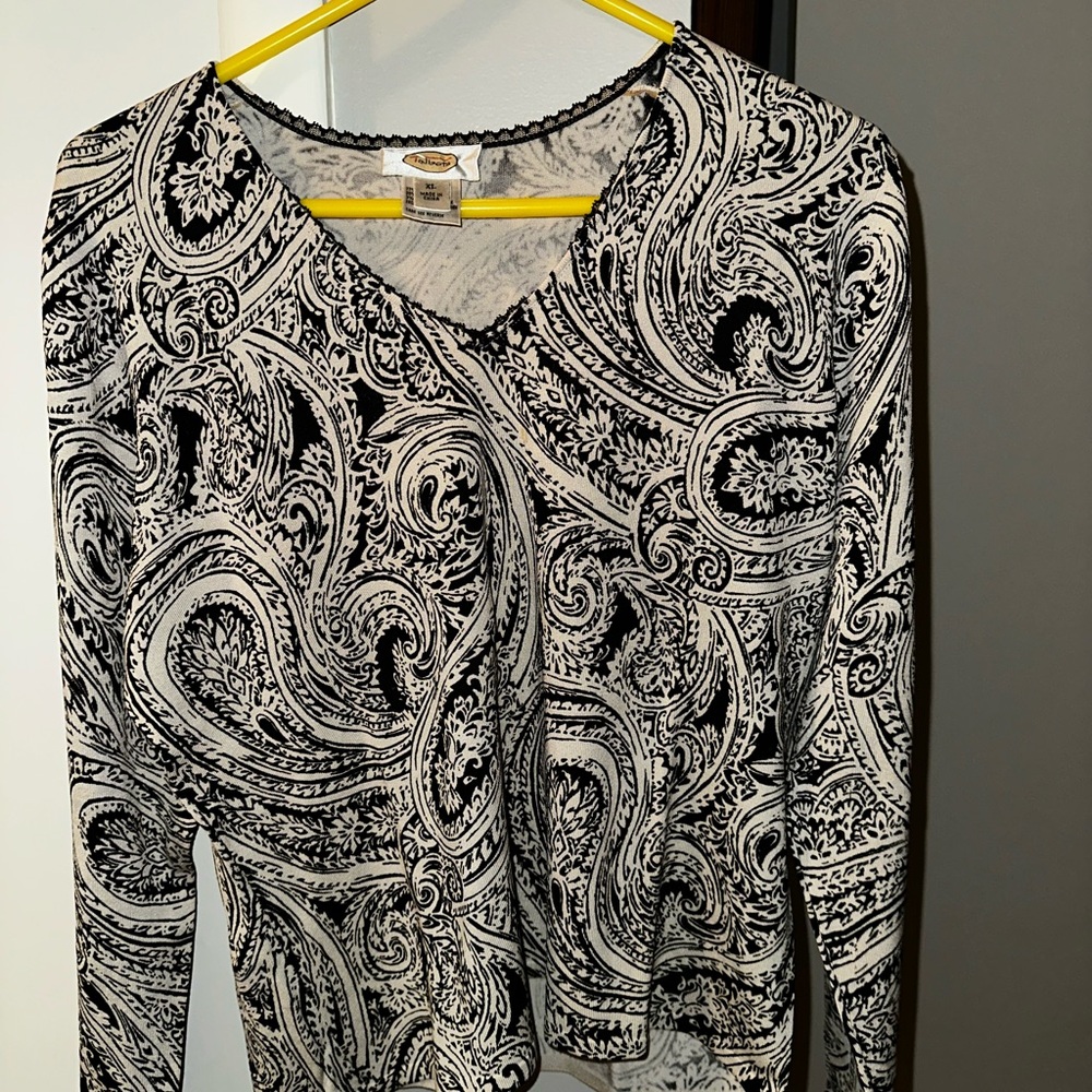 Talbots Black and White Paisley V-Neck Sweater